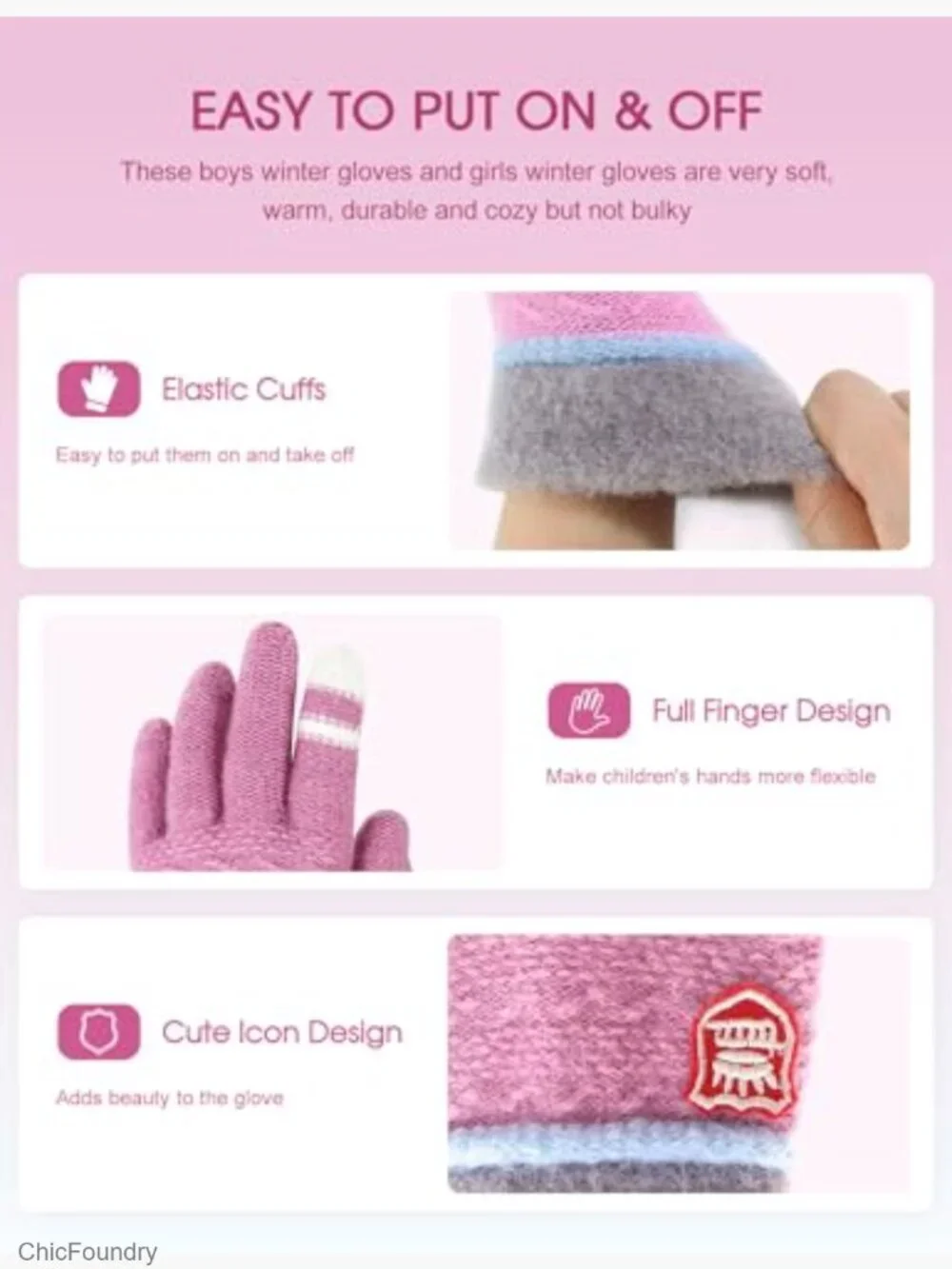 Kids Winter Gloves 3 Pairs Warm Wool Lined Toddler Thermal Knitted